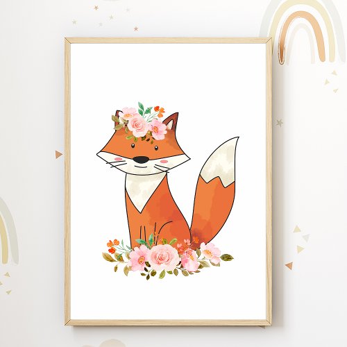 Fox Flowers Nursery Poster Kids Room Decor