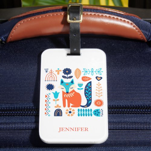 Fox Folk Art Floral Pattern Personalized  Nature Luggage Tag