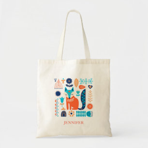 Fox Folk Art Floral Pattern Personalized Nature Tote Bag