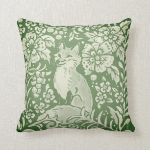 Fox Forest Green Animal Floral Woodland Whimsical Throw Pillow