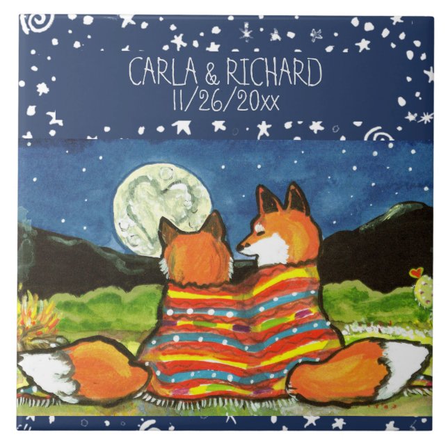 Fox Foxes Love Romantic Wedding Anniversary Custom Ceramic Tile (Front)