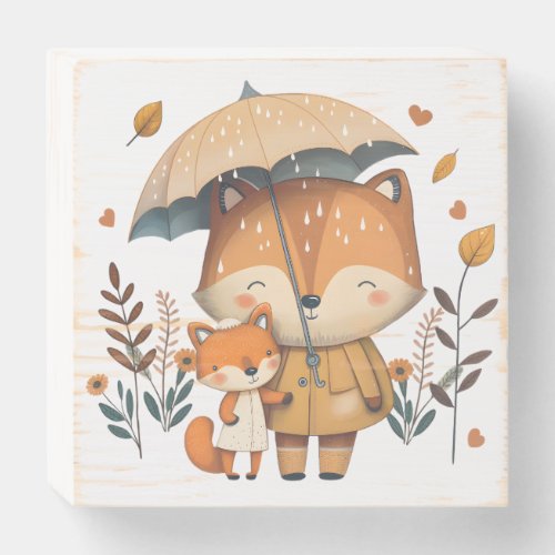 Fox Friends Sharing an Umbrella in the Rainy Day Wooden Box Sign