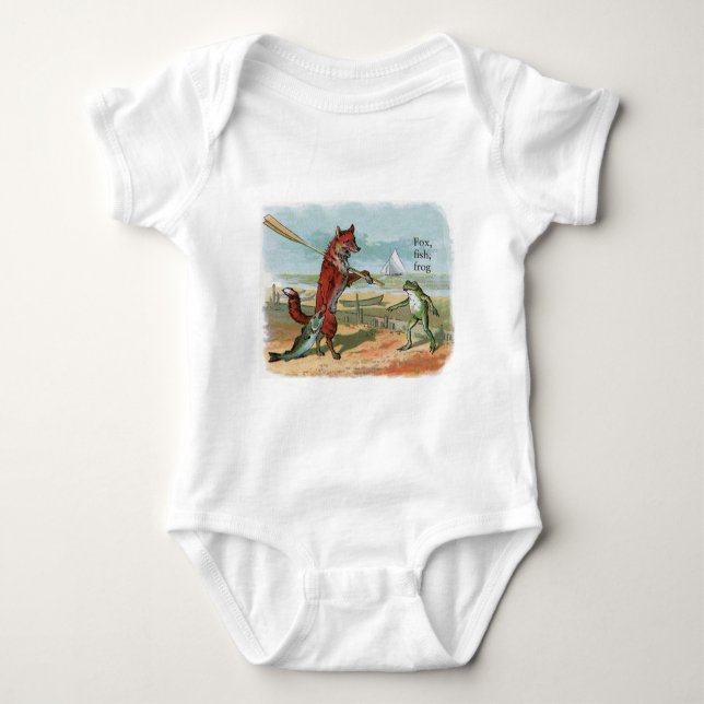 Fox Frog Fishing Antique Illustration Baby Bodysuit (Front)