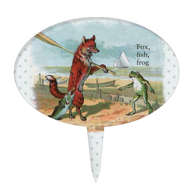 Fox Frog Fishing Antique Illustration Cake Topper (Front)