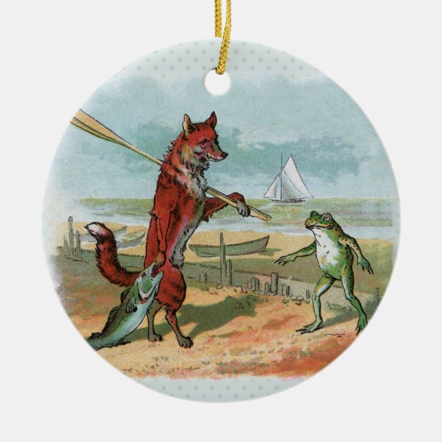 Fox Frog Fishing Antique Illustration Ceramic Ornament (Front)