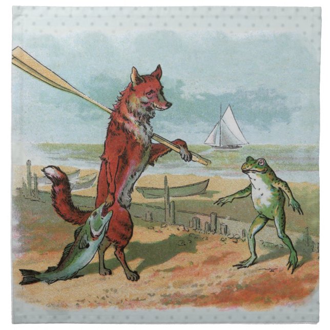 Fox Frog Fishing Antique Illustration Cloth Napkin (Front)