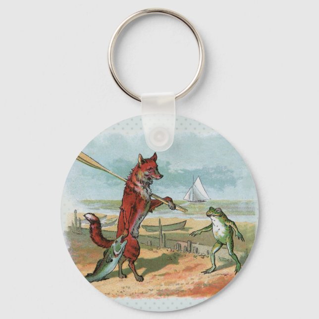 Fox Frog Fishing Antique Illustration Keychain (Front)