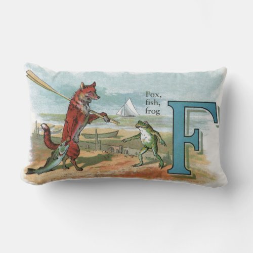 Fox Frog Fishing Antique Illustration Lumbar Pillow