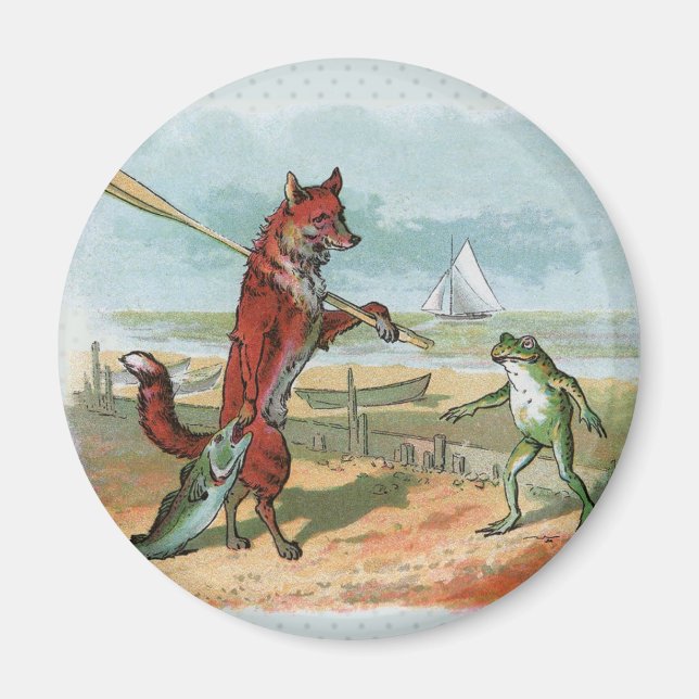 Fox Frog Fishing Antique Illustration Magnet (Front)