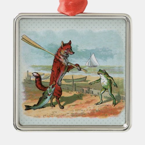 Fox Frog Fishing Antique Illustration Metal Ornament