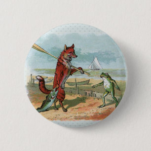 Fox Frog Fishing Antique Illustration Pinback Button