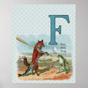 Fox Frog Fishing Antique Illustration Poster