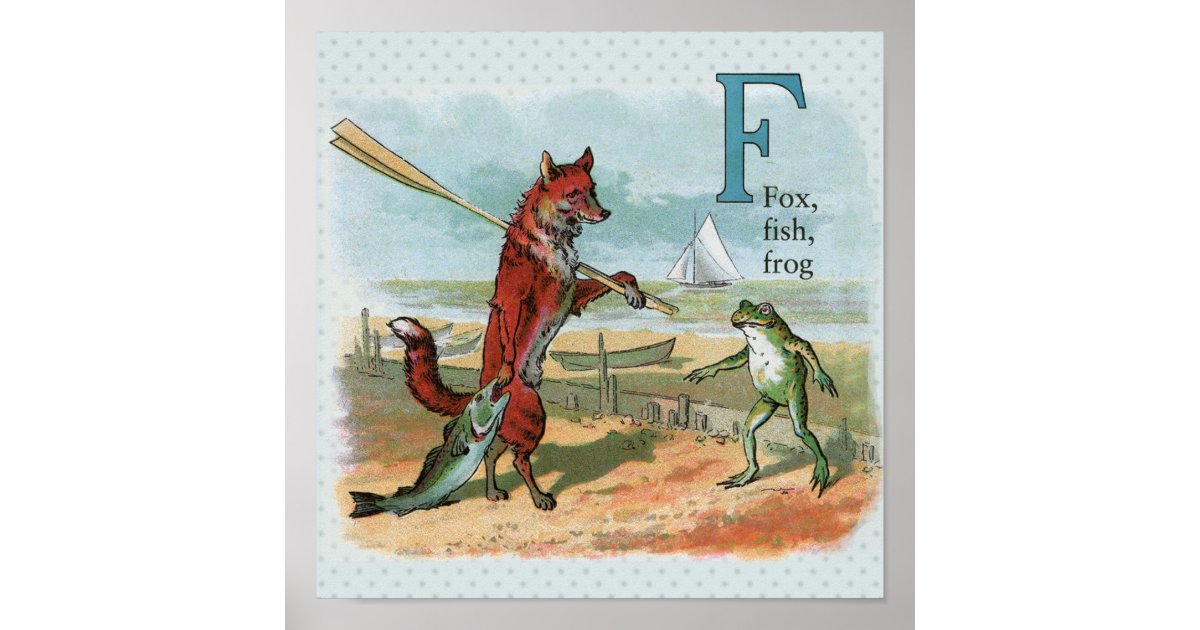 Fox Frog Fishing Antique Illustration Poster