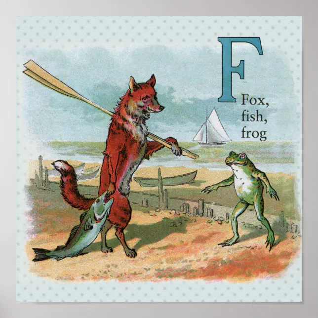 Fox Frog Fishing Antique Illustration Poster | Zazzle