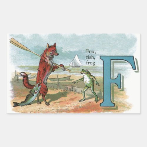 Fox Frog Fishing Antique Illustration Rectangular Sticker