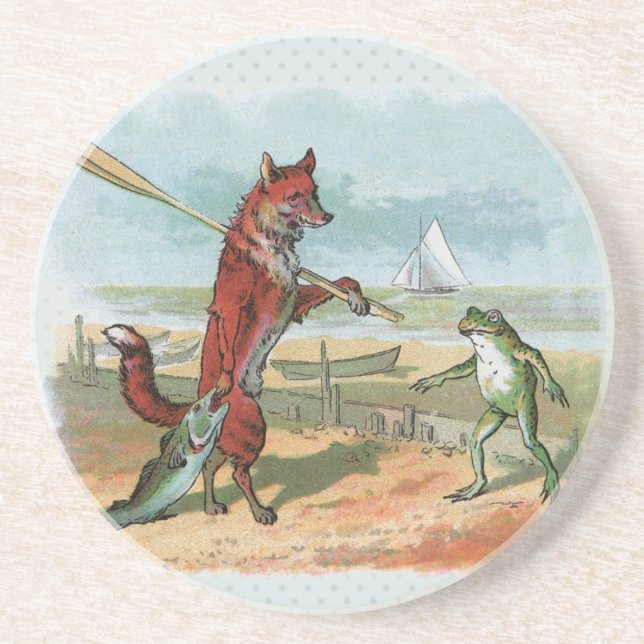 Fox Frog Fishing Antique Illustration Sandstone Coaster (Front)