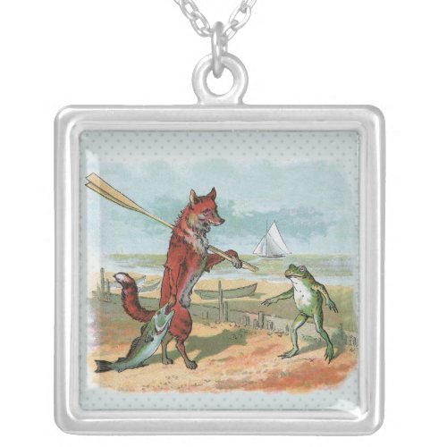 Fox Frog Fishing Antique Illustration Silver Plated Necklace