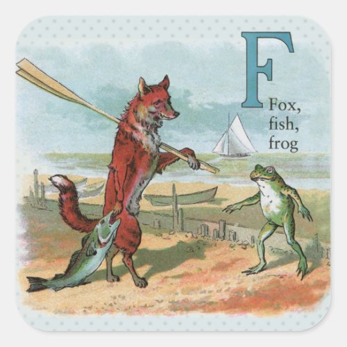 Fox Frog Fishing Antique Illustration Square Sticker