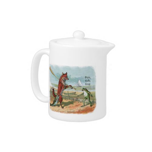 Fox Frog Fishing Antique Illustration Teapot