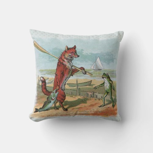 Fox Frog Fishing Antique Illustration Throw Pillow