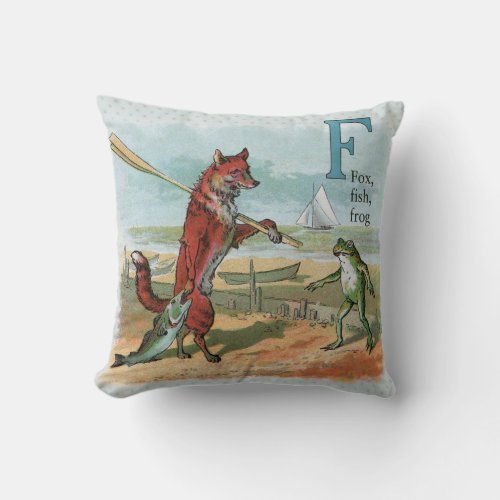 Fox Frog Fishing Antique Illustration Throw Pillow