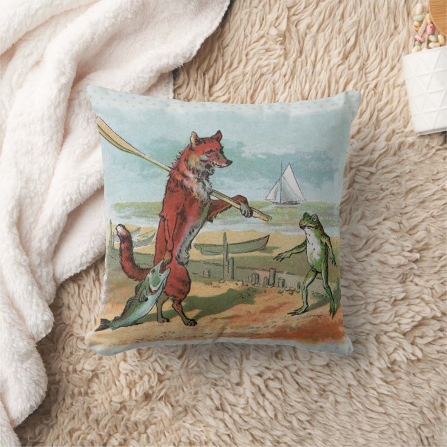 Fox Frog Fishing Antique Illustration Throw Pillow (Blanket)