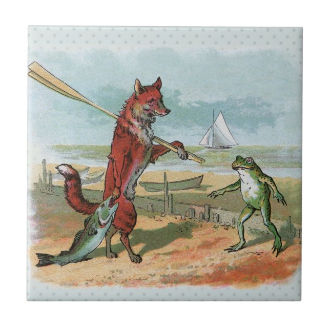 Fox Frog Fishing Antique Illustration Tile (Front)