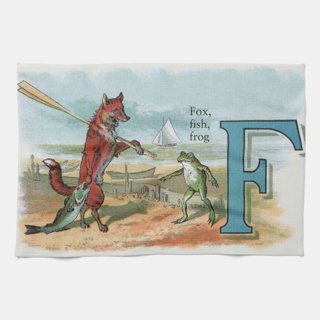 Fox Frog Fishing Antique Illustration Towel (Horizontal)