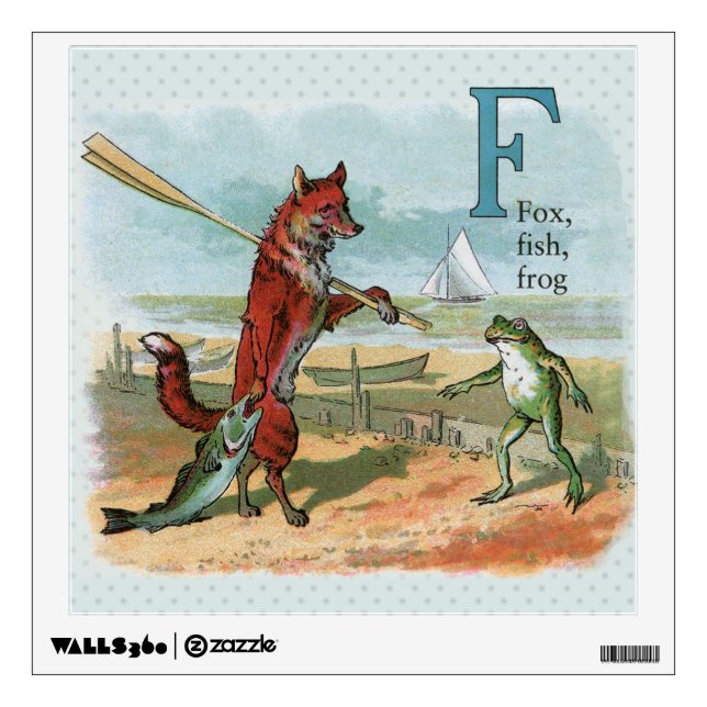 Fox Frog Fishing Antique Illustration Wall Sticker (Front)