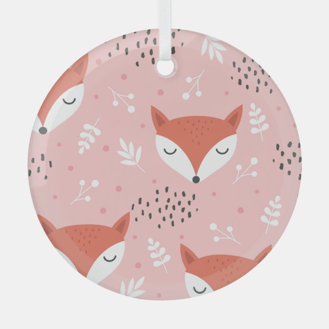 Fox Fun: Cute Forest Pattern Glass Ornament (Front)