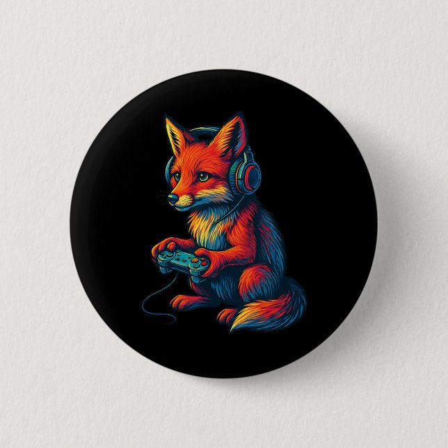 Fox Gaming With Headphones Funny Video Games Gamer Button (Front)