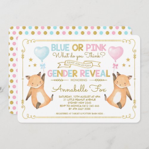 Fox Gender Reveal Baby Shower Blue Pink Gold Invitation