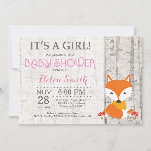 Fox Girl Baby Shower Invitation Rustic Woodland