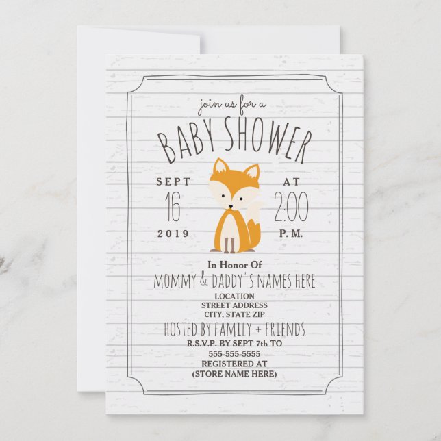Fox Gray Wood Baby Shower Invitation (Front)