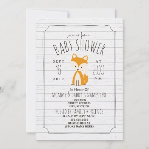 Fox Gray Wood Baby Shower Invitation
