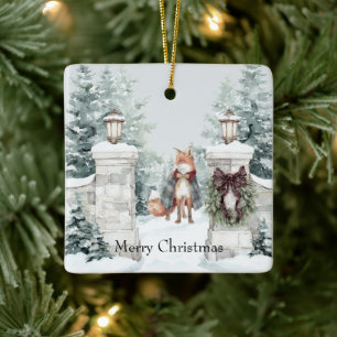 Fox Green Coat Snow Christmas Ceramic Ornament