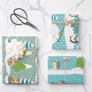 Fox Hedgehog and Penguin Christmas Holiday Pattern Wrapping Paper Sheets