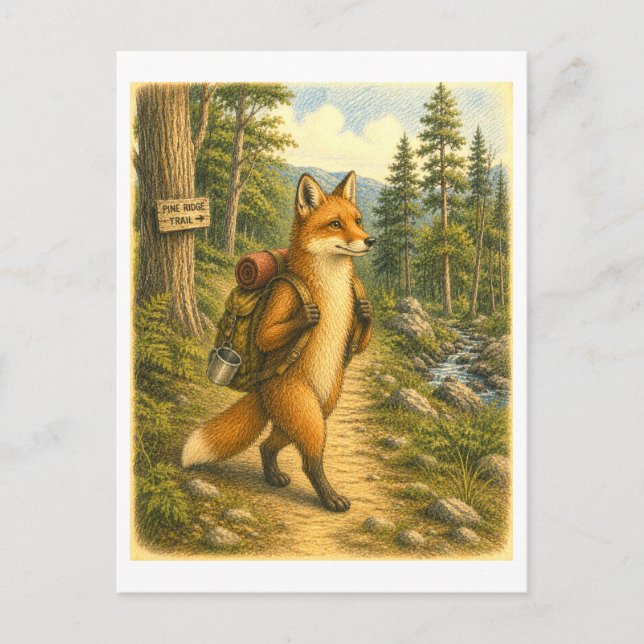 Fox Hiking Illustration Postcard (Front)