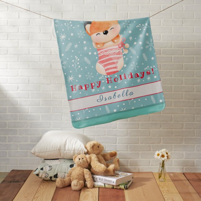 Fox Holidays Customize Text and Name Baby Blanket (In Situ)