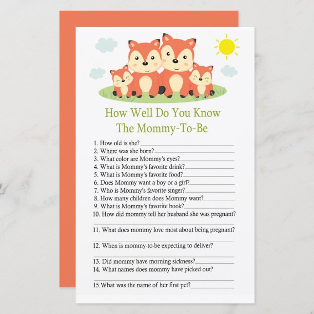 Fox How well do you know baby shower game (Front/Back)