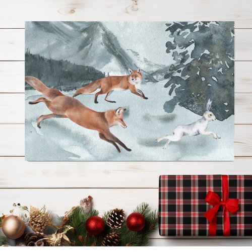 Fox Hunting Winter landscape Watercolor   Tissue Paper