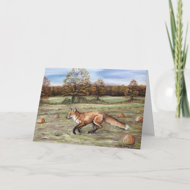 Fox in a Pumpkin Patch Art Greeting Card (Front)