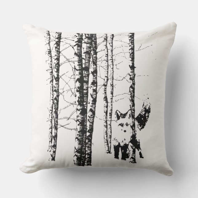 Fox in Birch Forest Modern Animal Art Throw Pillow (Front)