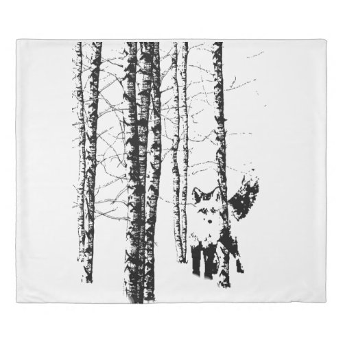 Fox in Birch Tree Forest Black Silhouette Duvet Cover