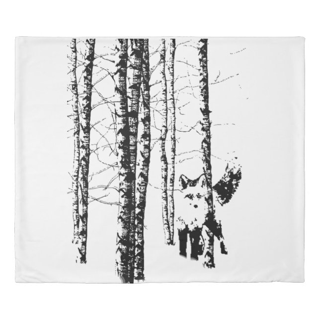Fox in Birch Tree Forest Black Silhouette Duvet Cover (Front)