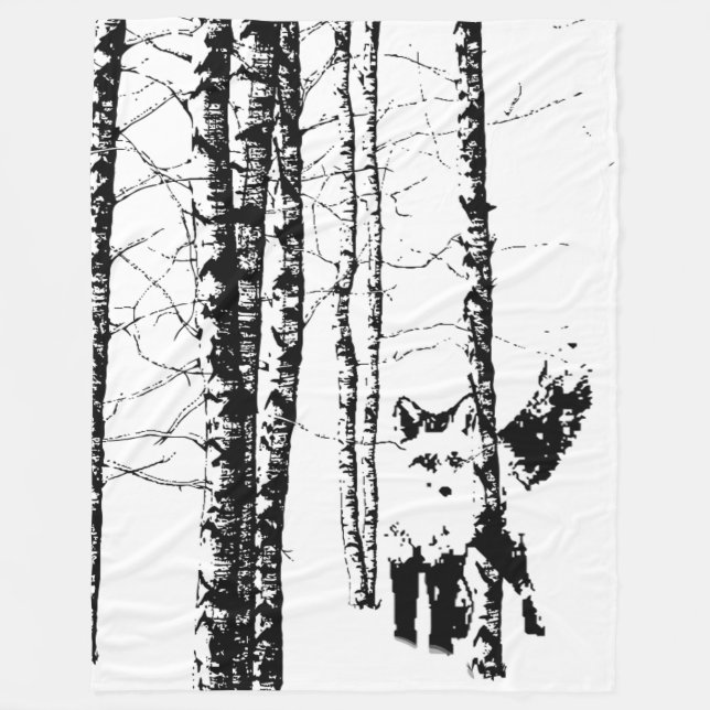 Fox in Birch Tree Forest Black Silhouette Fleece Blanket (Front)