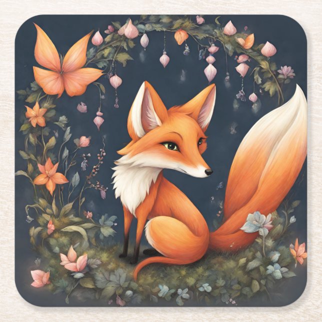 Fox in Bloom Square Paper Coaster (Front)