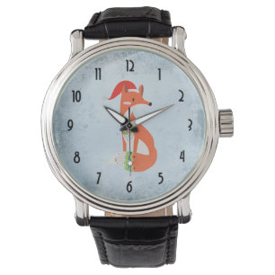 Fox in Christmas Hat on Blue Gray Vintage Backdrop Watch
