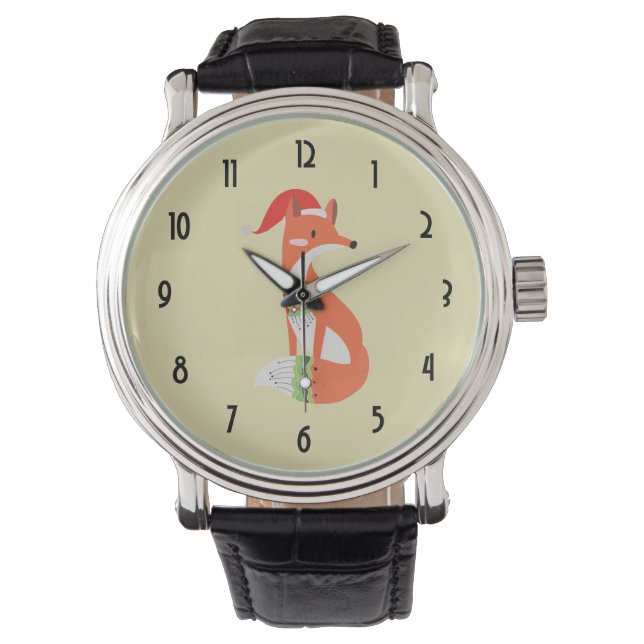 Fox in Christmas Hat Trendy Wildlife Illustration Watch (Front)
