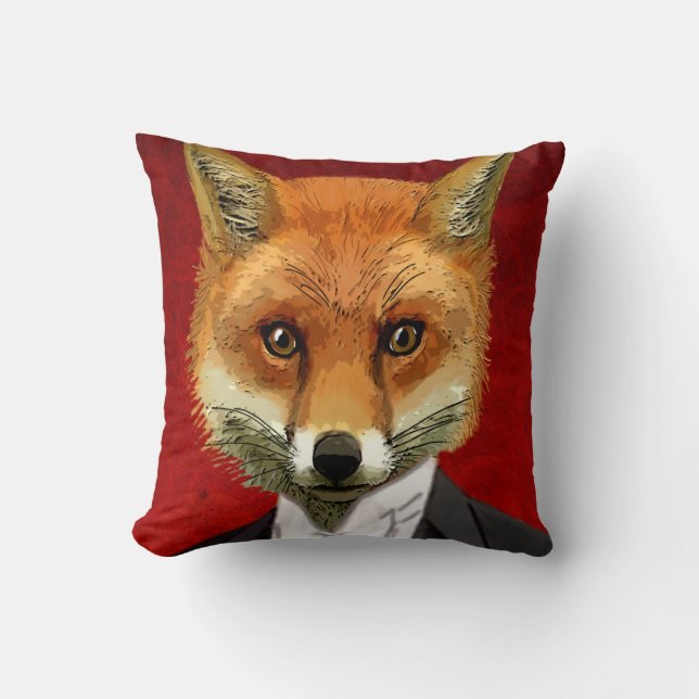 Fox In Evening Suit, Portrait Throw Pillow (Front)